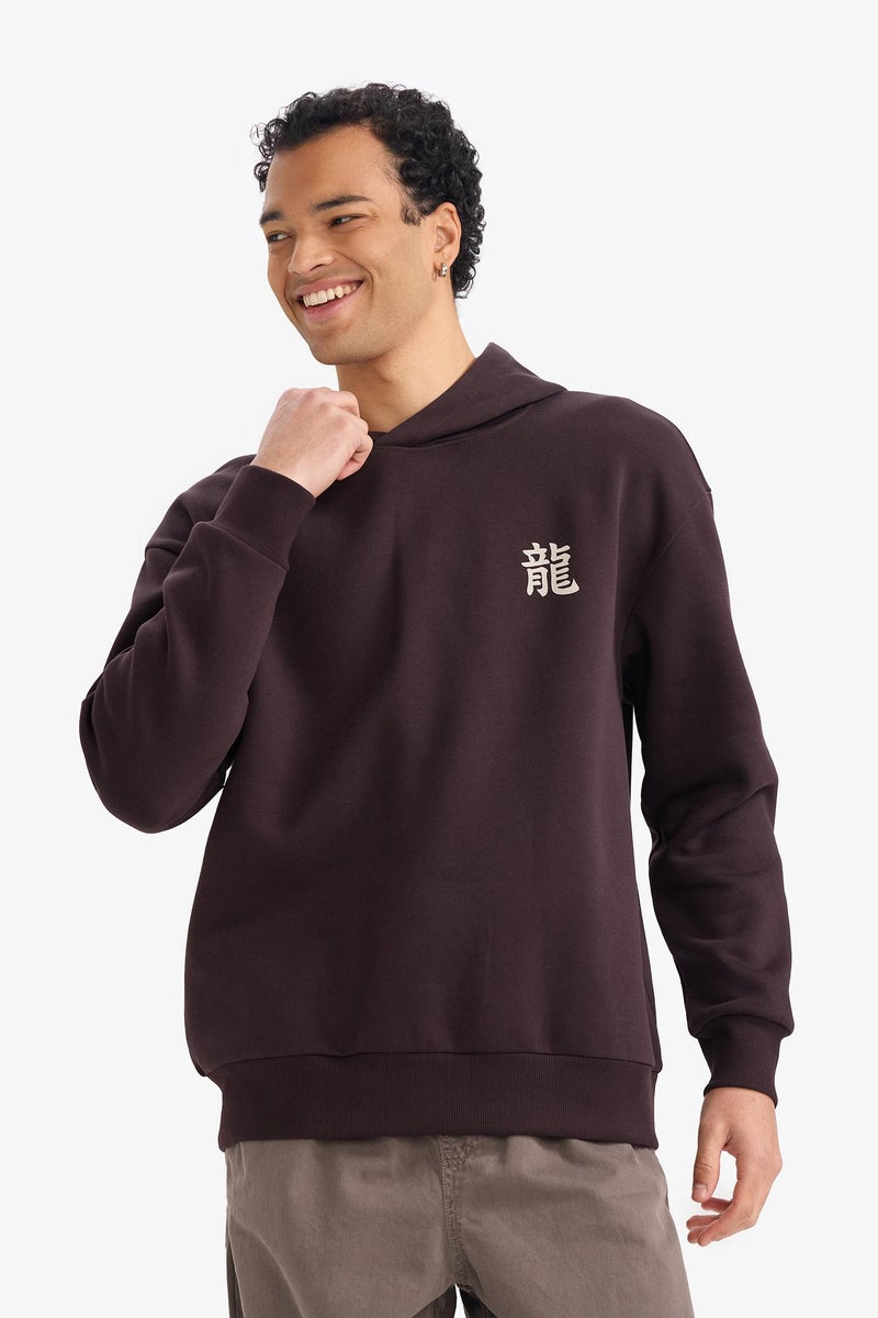 DeFacto Brown Man Boxy Fit Printed Long Sleeve Hoodie Casual - Image 4